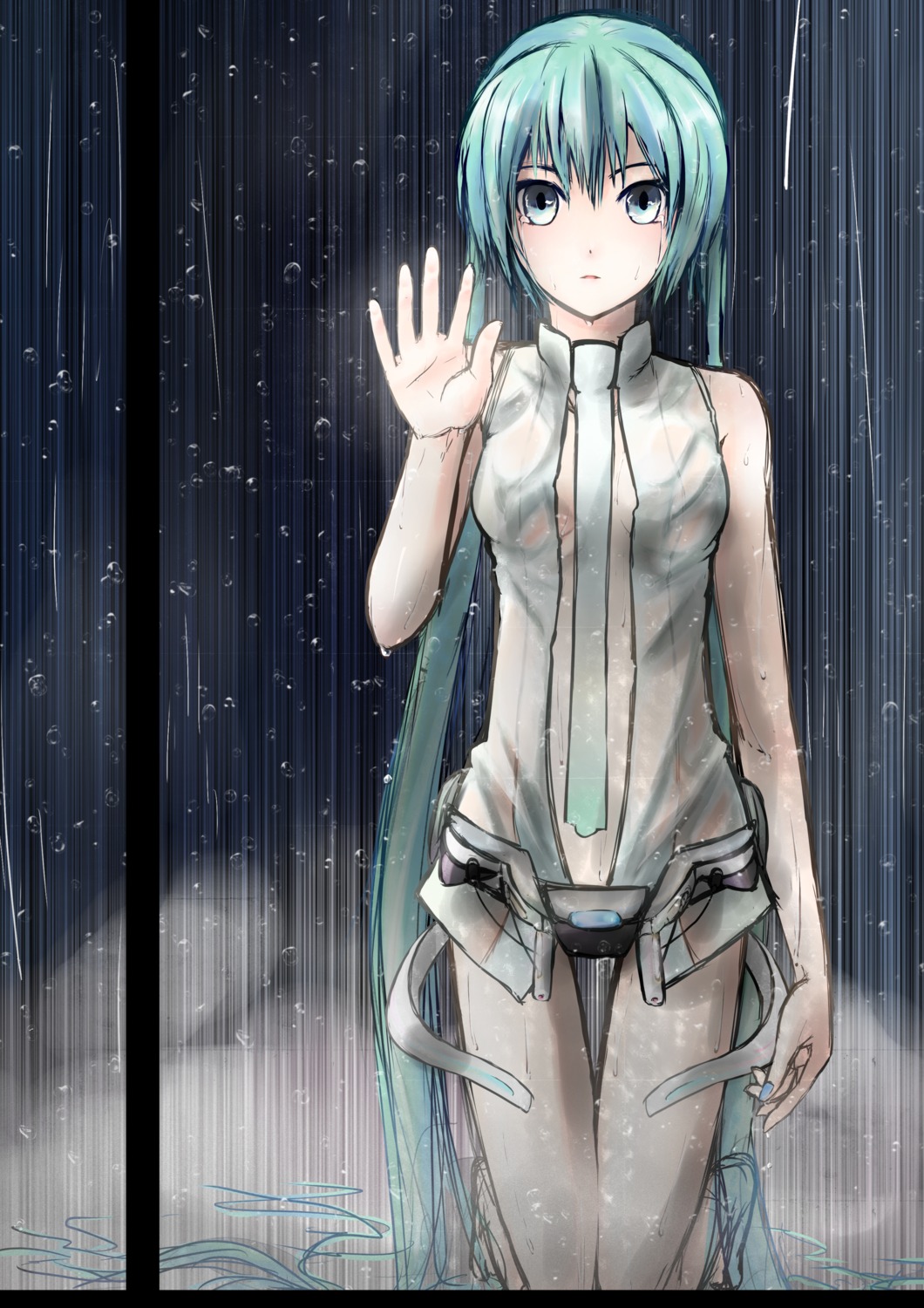 hatsune_miku, miku_append, nekonaka, open_shirt, vocaloid, vocaloid_append, wet