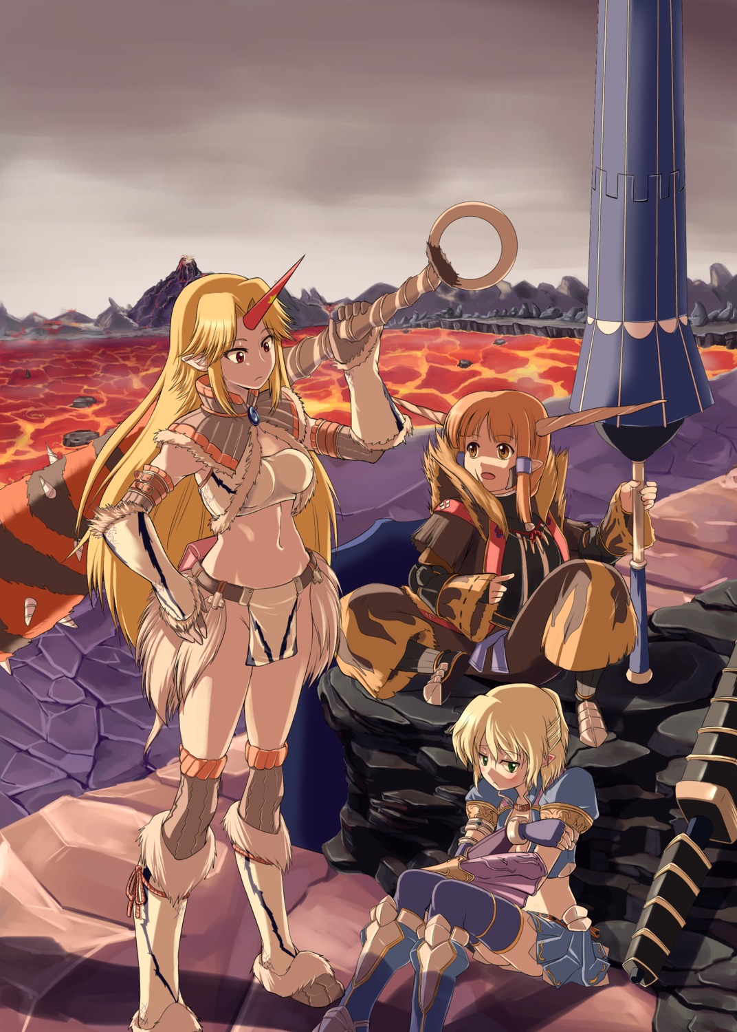 baiken_(artist), hoshiguma_yuugi, ibuki_suika, mizuhashi_parsee, monster_hunter, pointy_ears, touhou