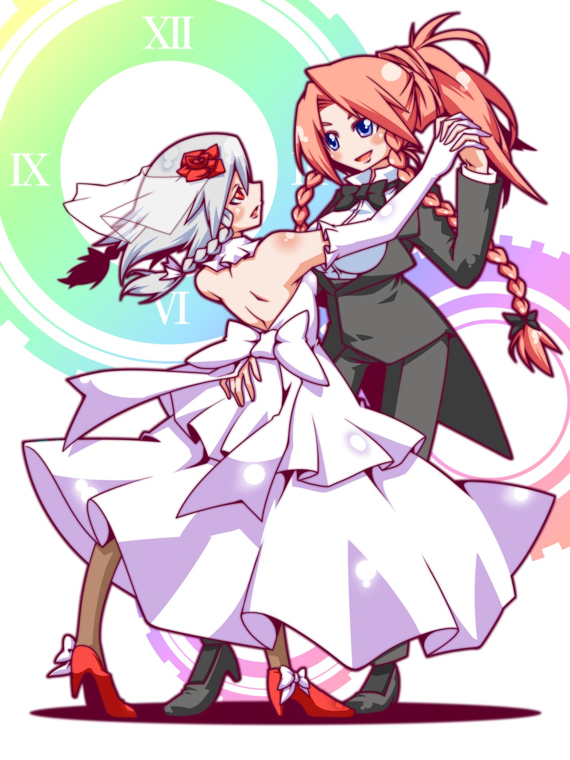 dress, hong_meiling, izayoi_sakuya, pantyhose, shuushokuna_ekus, touhou, wedding_dress