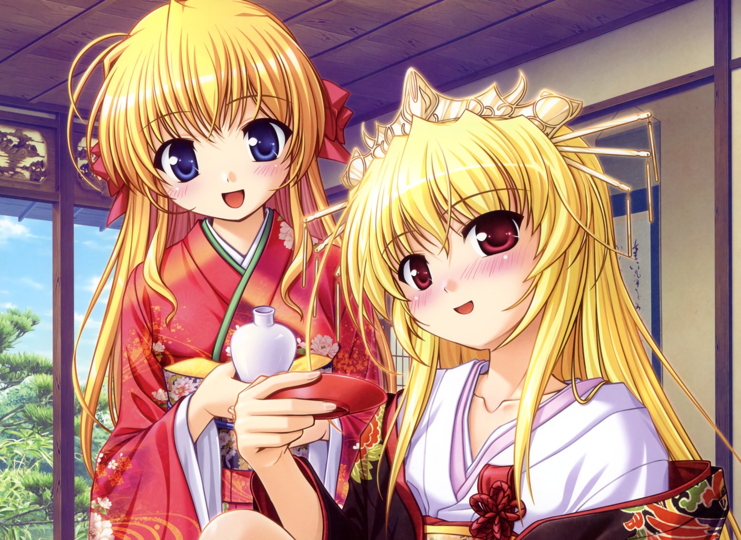 august, bekkankou, fortune_arterial, kimono, sendou_erika, sendou_kaya