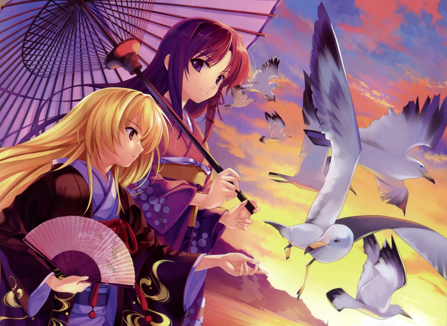 august, fortune_arterial, kimono, kuze_kiriha, misaki_kurehito, sendou_kaya, umbrella