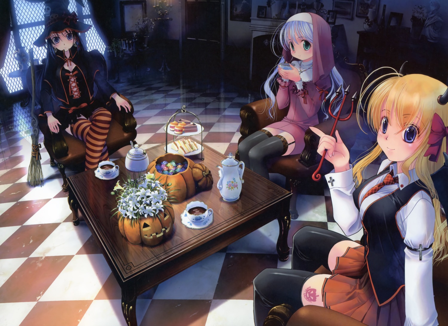 august, fortune_arterial, horns, kuze_kiriha, sendou_erika, tougi_shiro, witch, yuuro