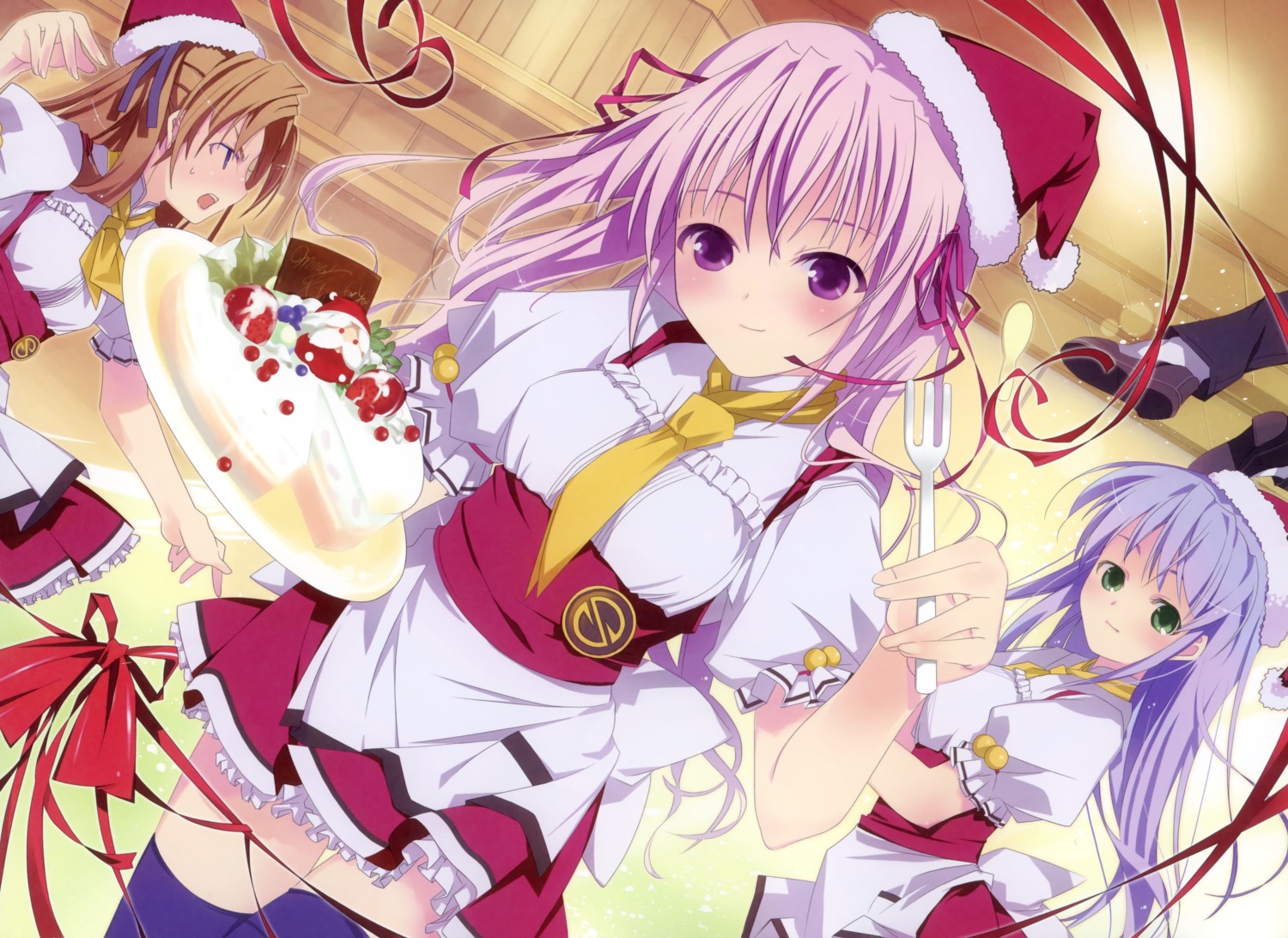 august, christmas, estel_freesia, feena_fam_earthlight, ruroo, takamizawa_natsuki, thighhighs, waitress