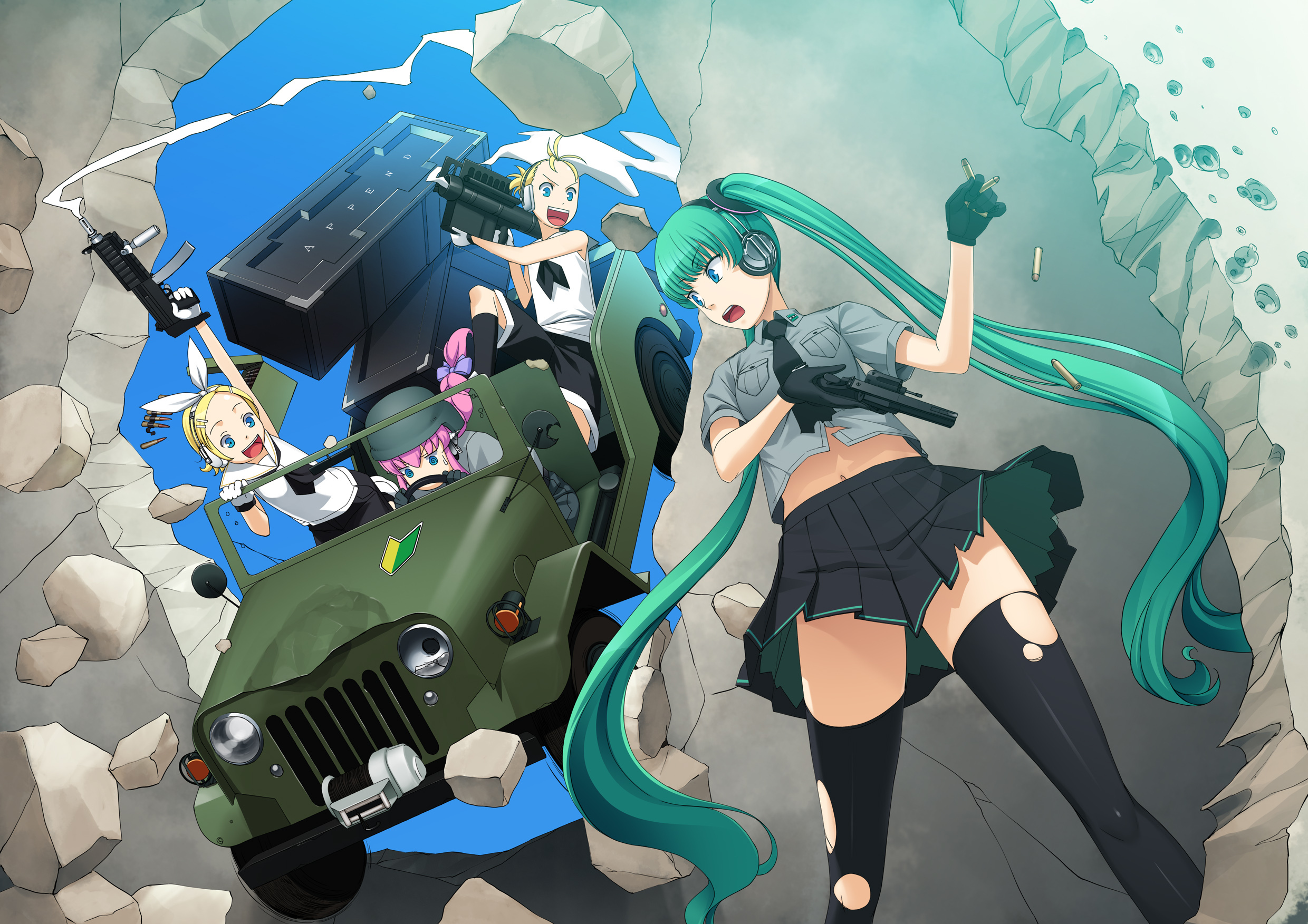gahaku, gun, hatsune_miku, headphones, kagamine_len, kagamine_rin, megurine_luka, thighhighs