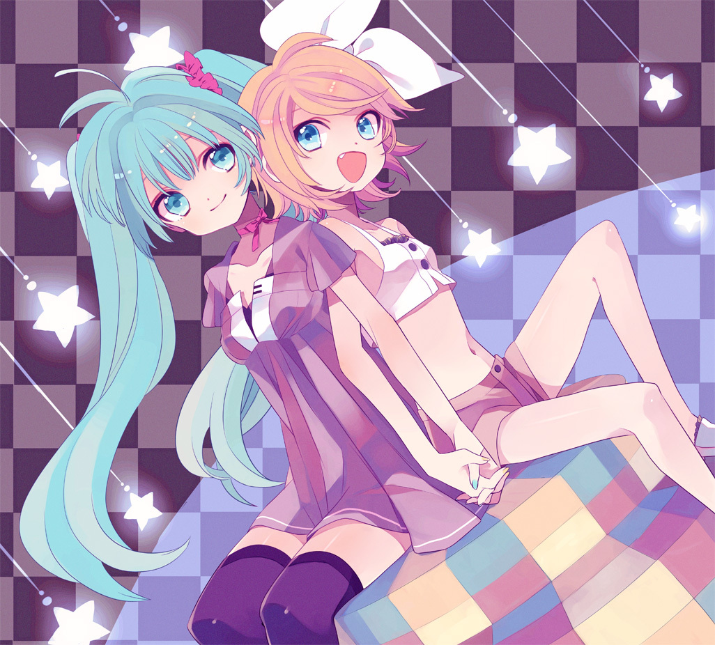 amazawa_koma, hatsune_miku, kagamine_rin, thighhighs, vocaloid
