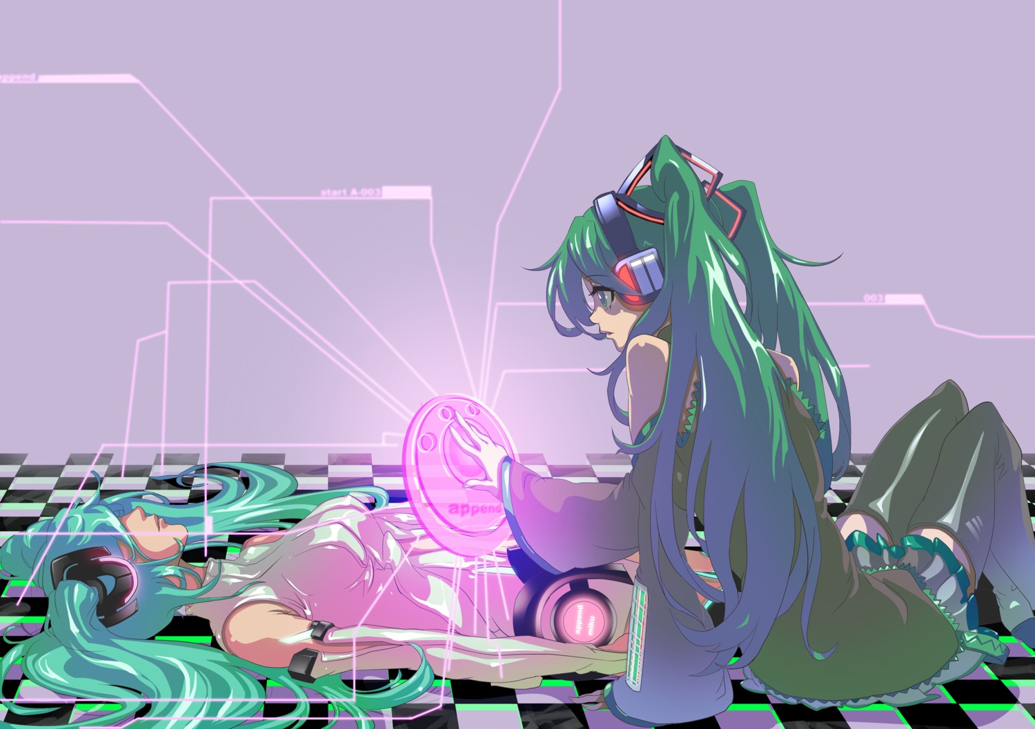 hatsune_miku, headphones, miku_append, tashiromotoi, thighhighs, vocaloid, vocaloid_append