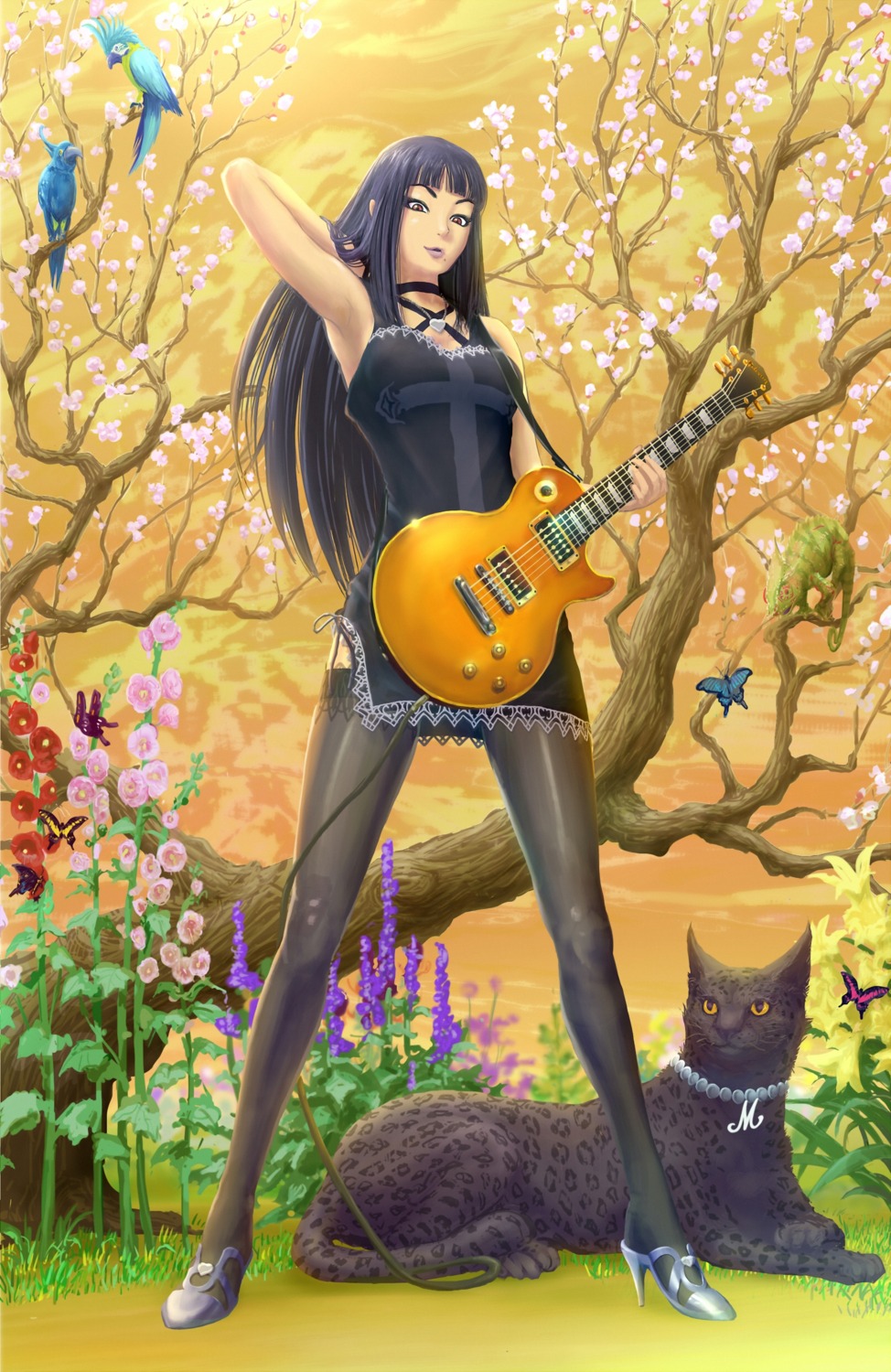 dress, guitar, haitaka, landscape, thighhighs