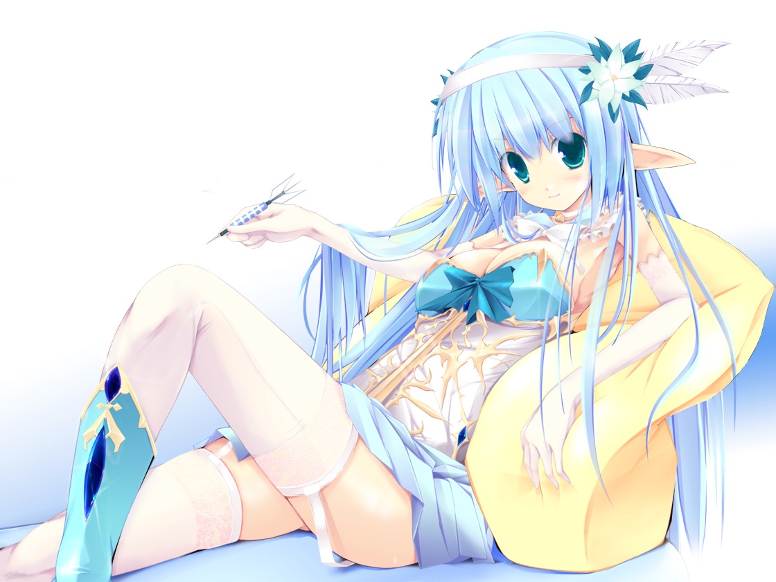 cleavage, elf, kuon_itsuki, pointy_ears, stockings, thighhighs