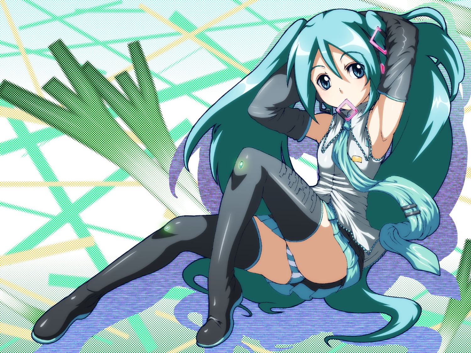 caryo, hatsune_miku, pantsu, shimapan, thighhighs, vocaloid, wallpaper