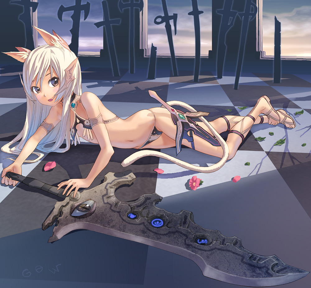 animal_ears, nekomimi, sword, tail, tougetsu_gou