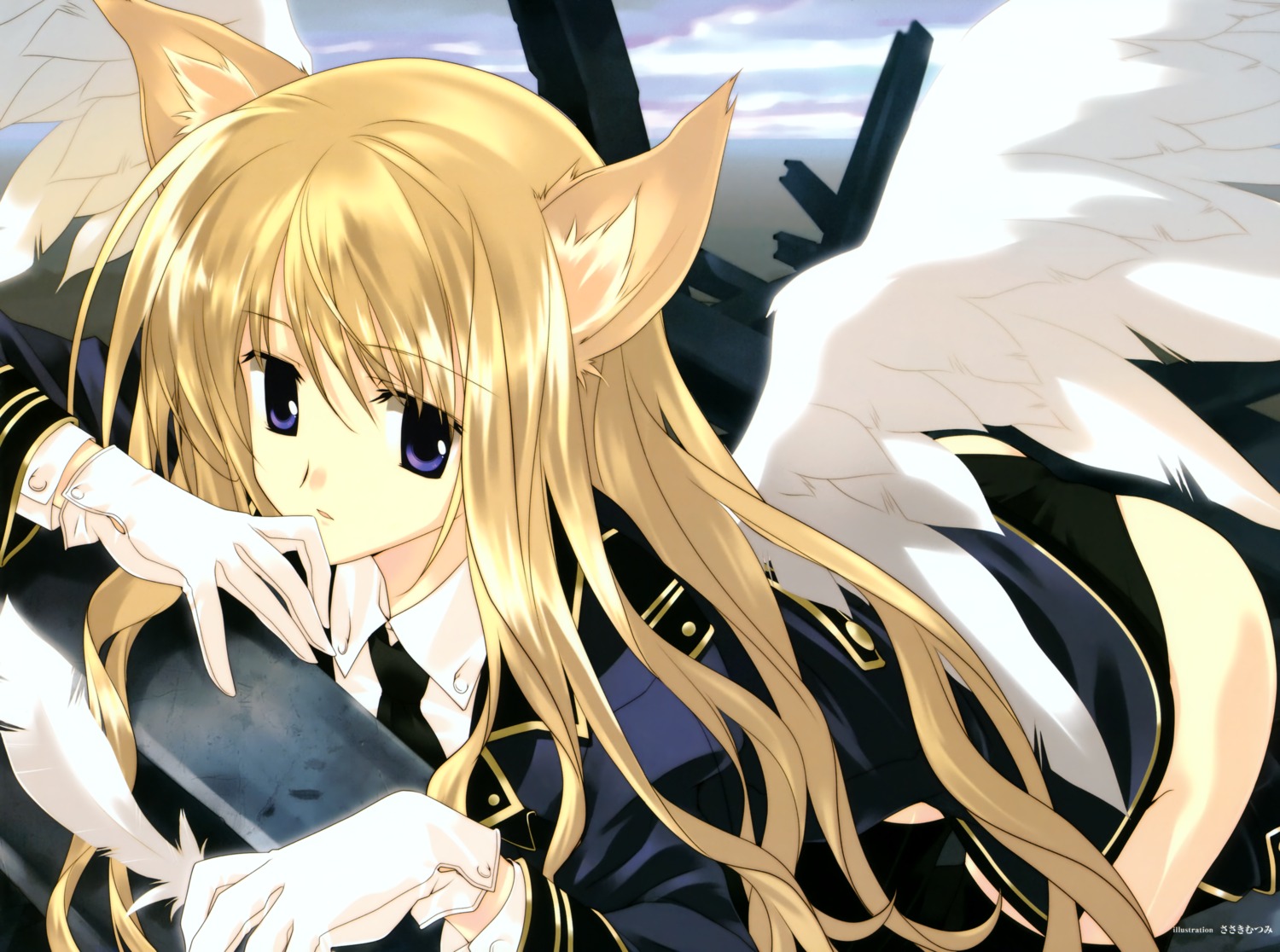 animal_ears, pantsu, sasaki_mutsumi, thighhighs, uniform, wings