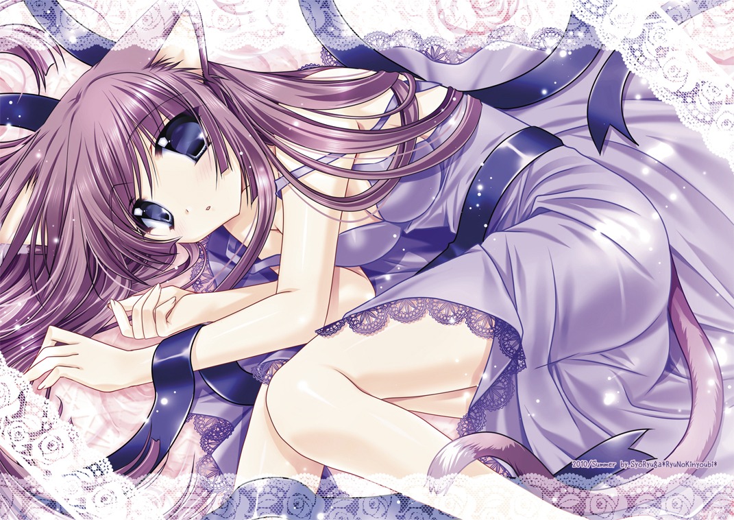 animal_ears, cleavage, dress, nekomimi, ryuuga_shou, tail