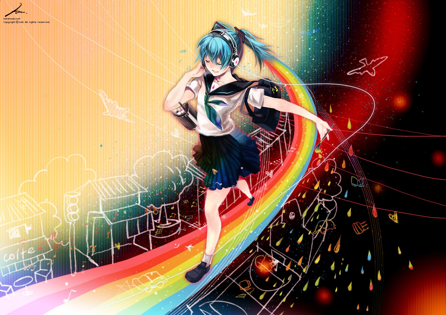 hatsune_miku, headphones, kaninn, seifuku, vocaloid