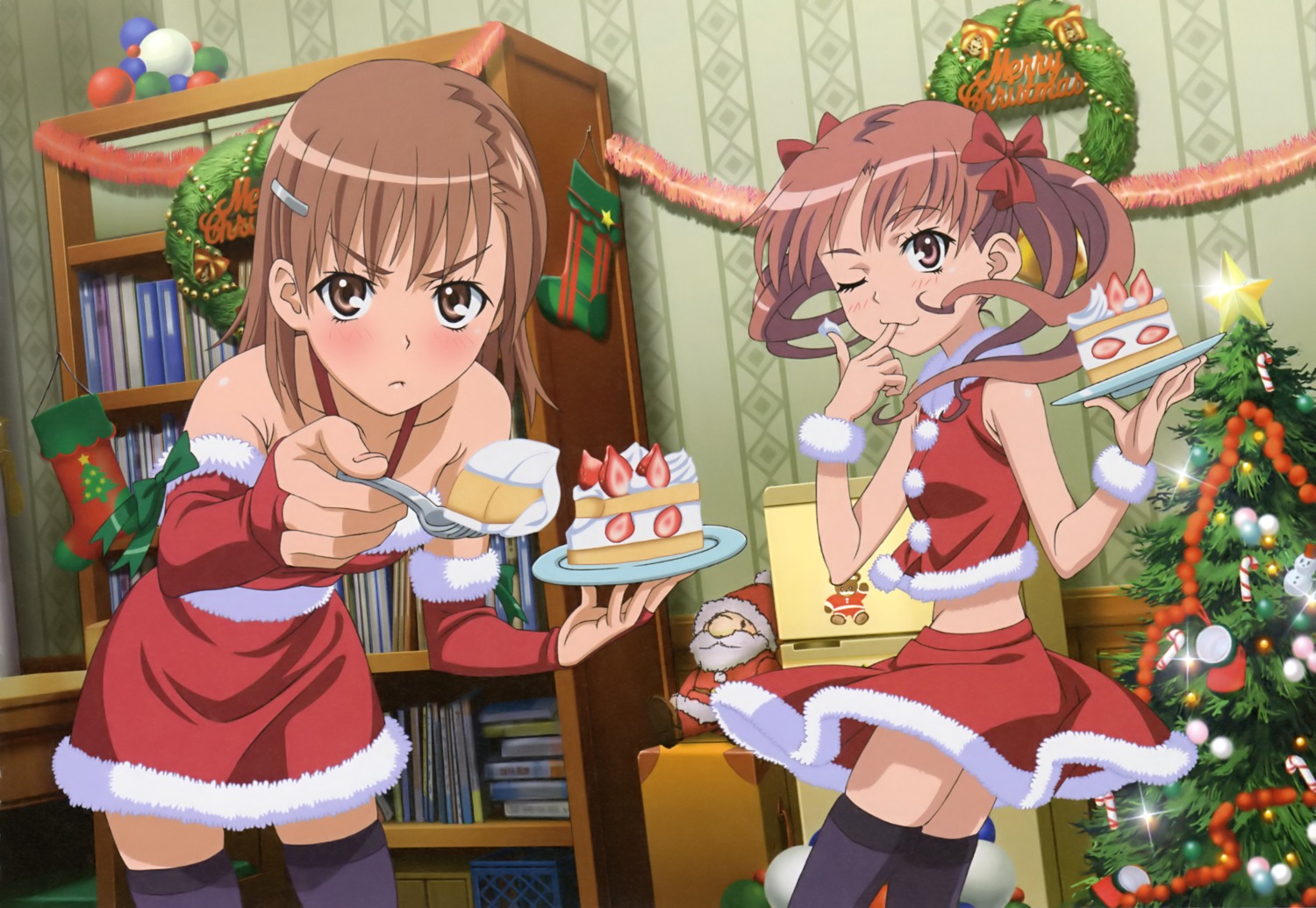 christmas, hara_shuuichi, misaka_mikoto, shirai_kuroko, thighhighs, toaru_kagaku_no_railgun, toaru_majutsu_no_index