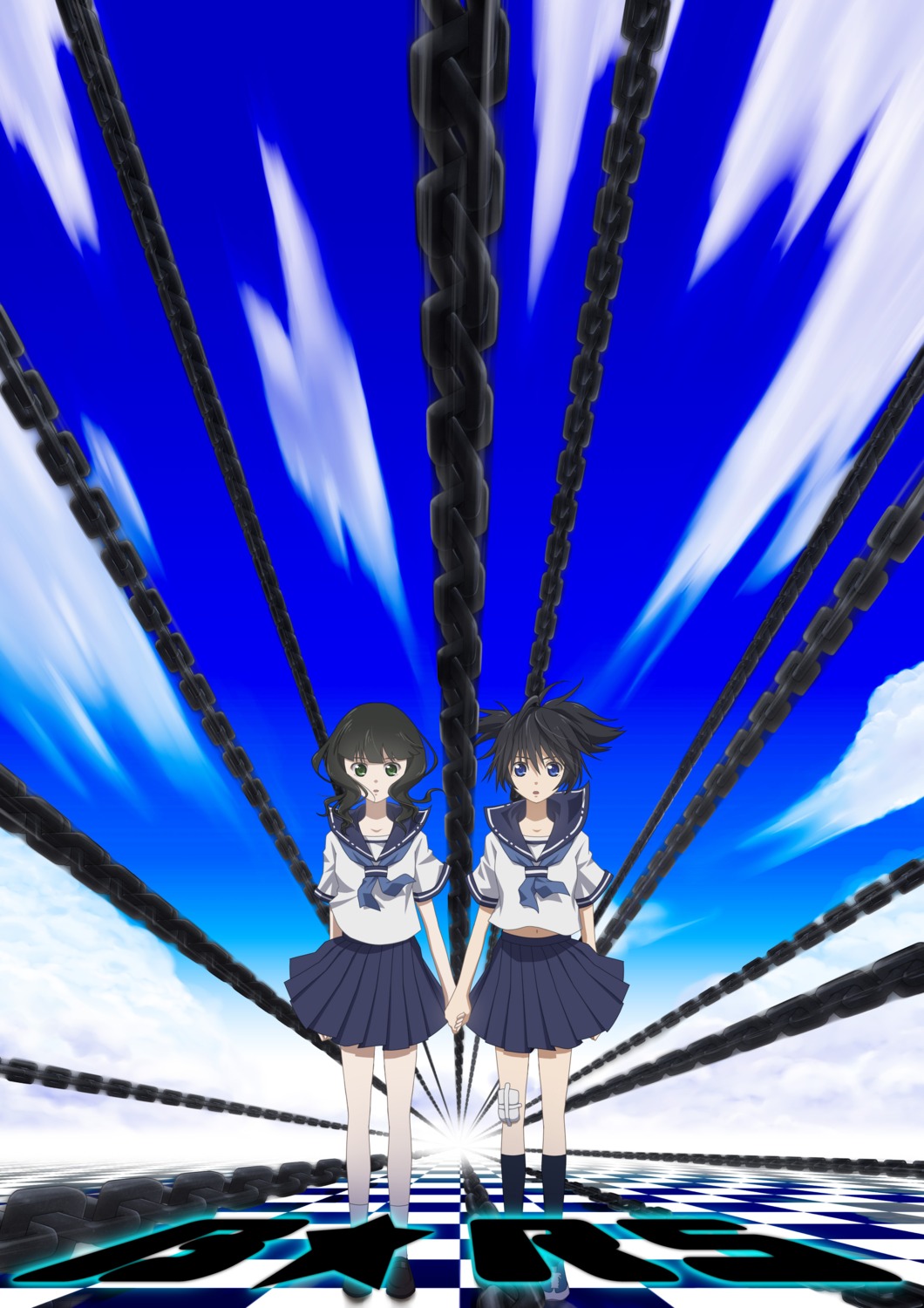 black_rock_shooter, black_rock_shooter_(character), dead_master, kuroi_mato, landscape, left, seifuku, takanashi_yomi, vocaloid