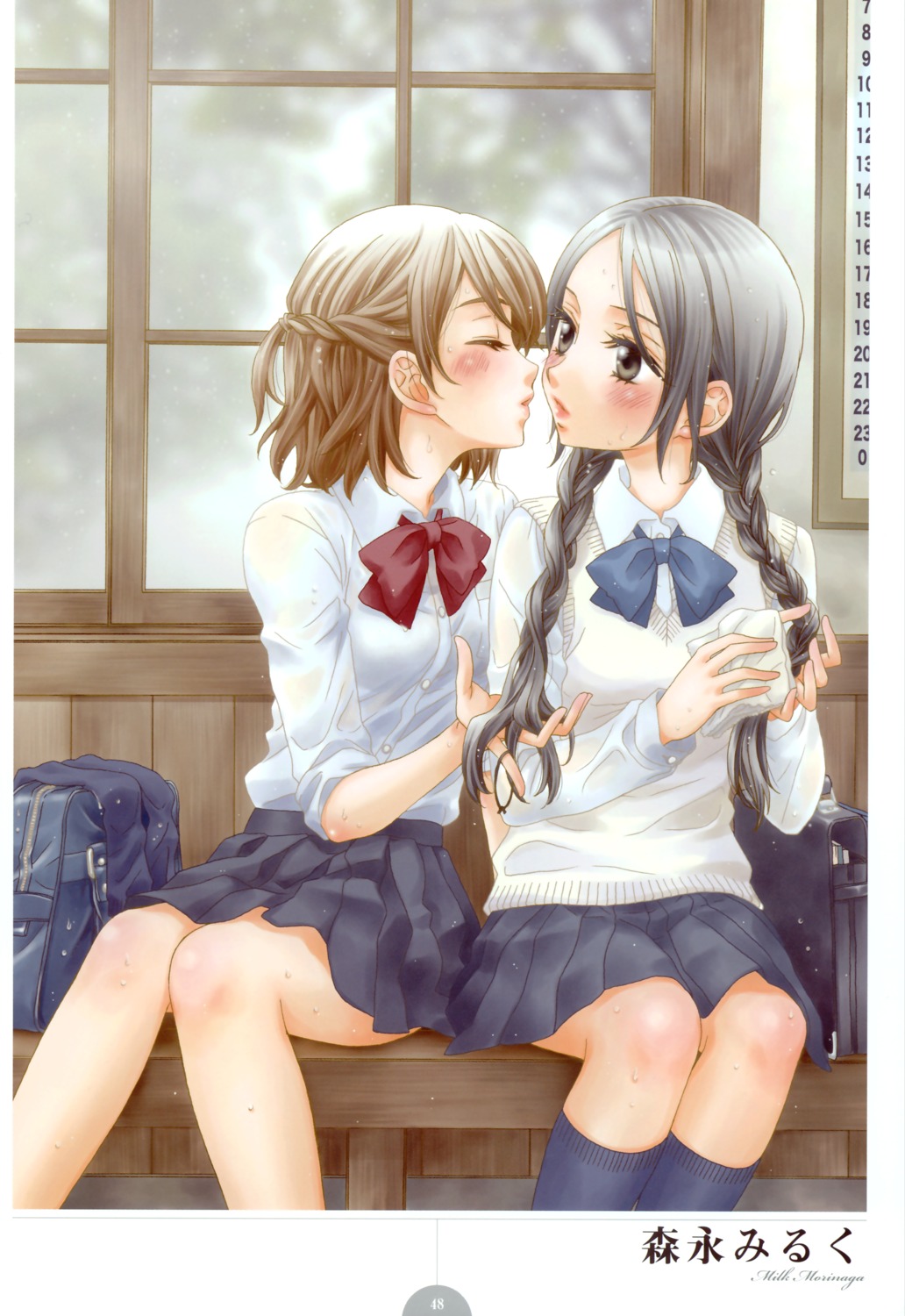 morinaga_milk, seifuku, wet_clothes, yuri