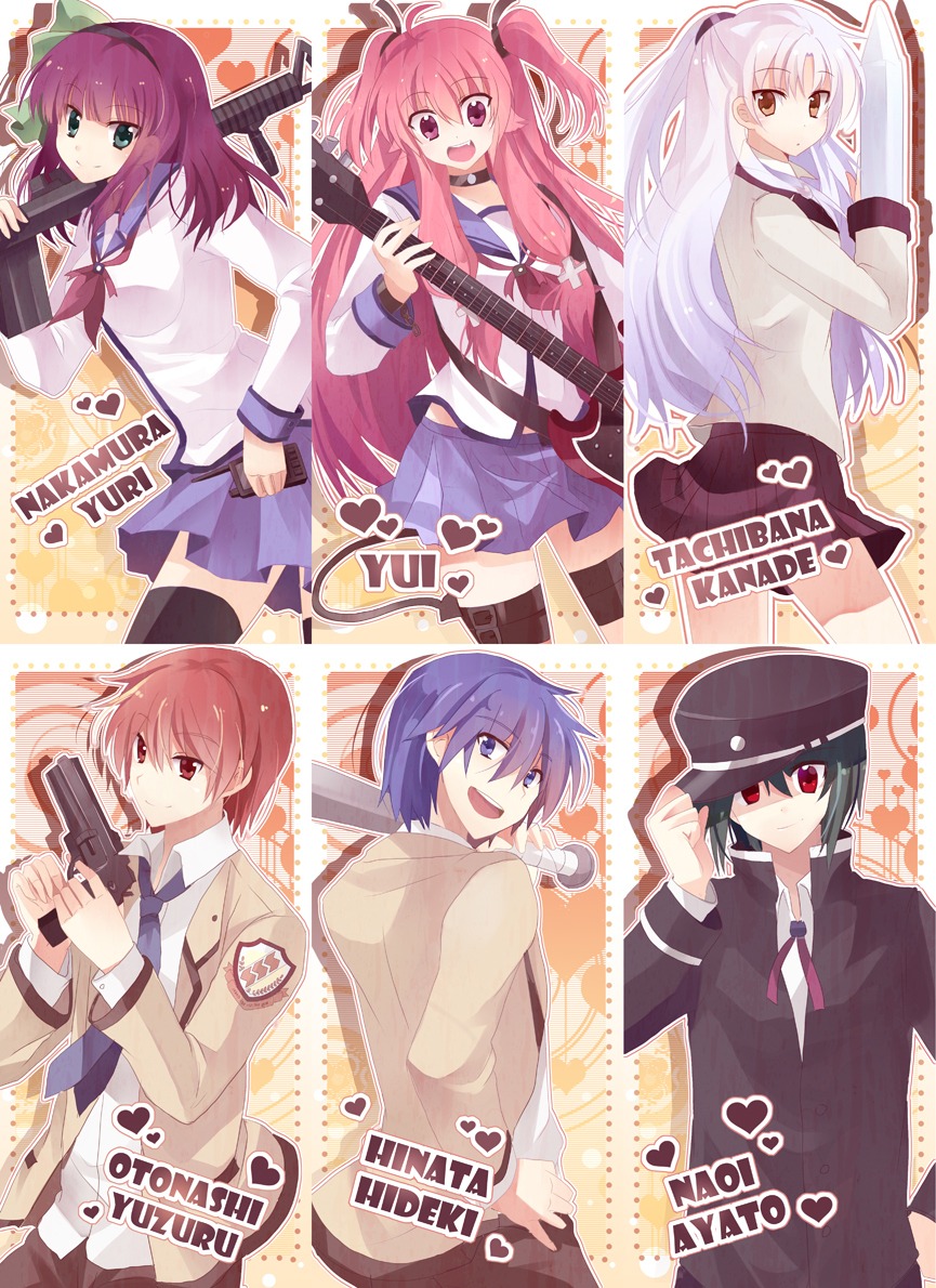 angel_beats!, dandelion_(artist), guitar, gun, hinata_hideki, nakamura_yuri, naoi_ayato, otonashi_yuzuru, seifuku, tachibana_kanade, thighhighs, yoshioka_yui