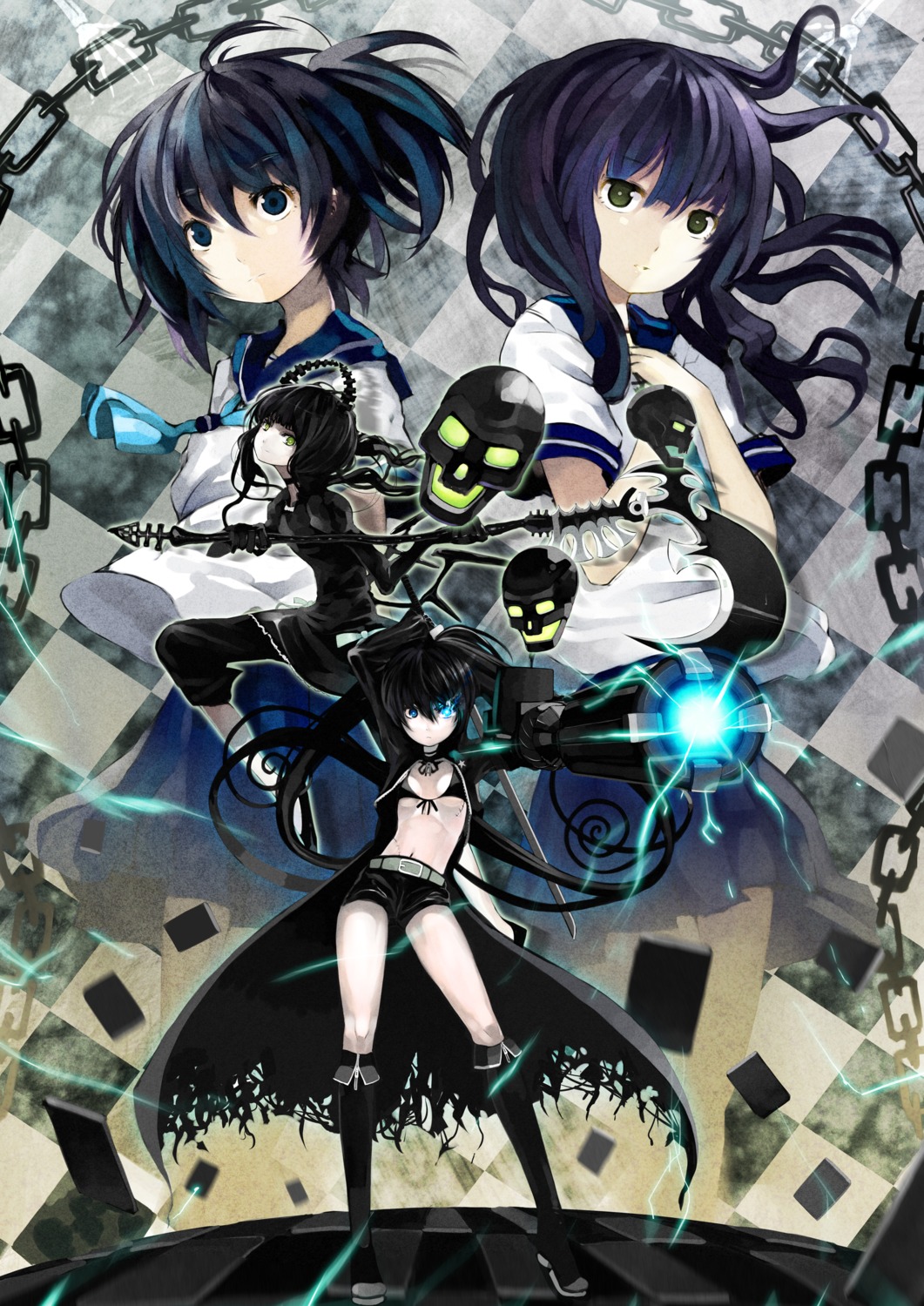 black_rock_shooter, black_rock_shooter_(character), dead_master, kuroi_mato, nauribon, seifuku, takanashi_yomi, thighhighs