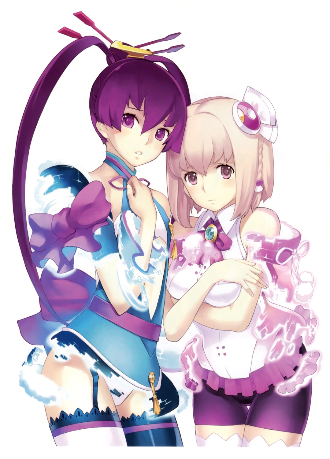 ar_tonelico, ar_tonelico_3, bike_shorts, breast_hold, finnel, nagi_ryou, saki_(ar_tonelico), stockings, thighhighs