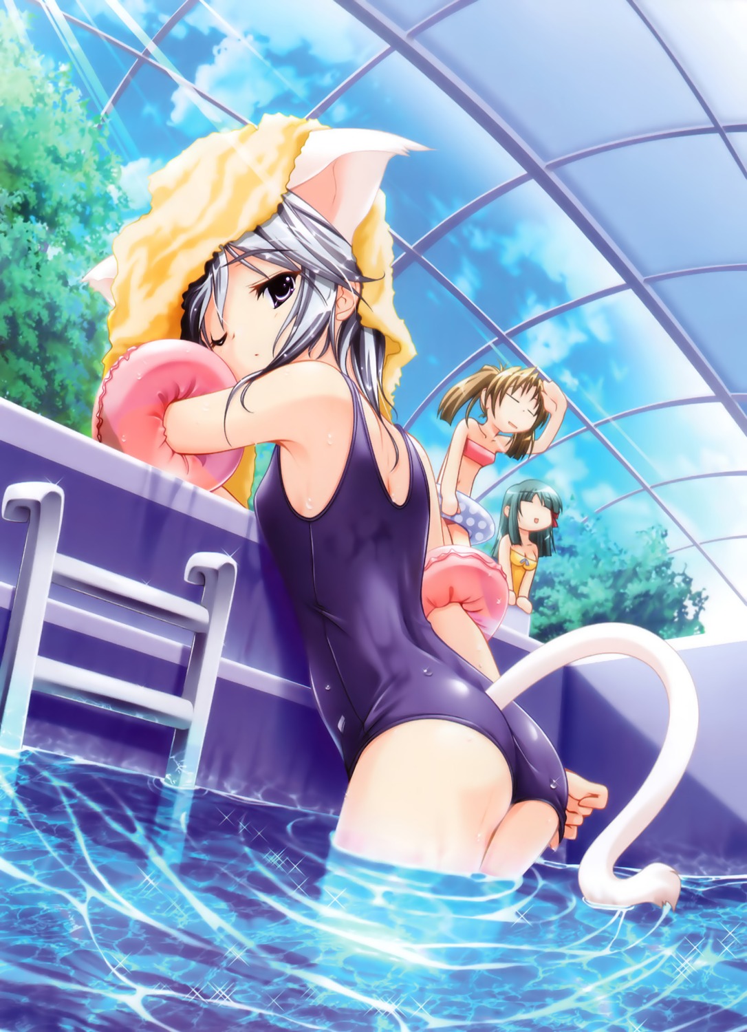 animal_ears, azuma_ayami, fujiwara_warawara, natsushoujo, nekomimi, school_swimsuit, serizawa_aki, swimsuits, tail, wet, yuuki_miyako