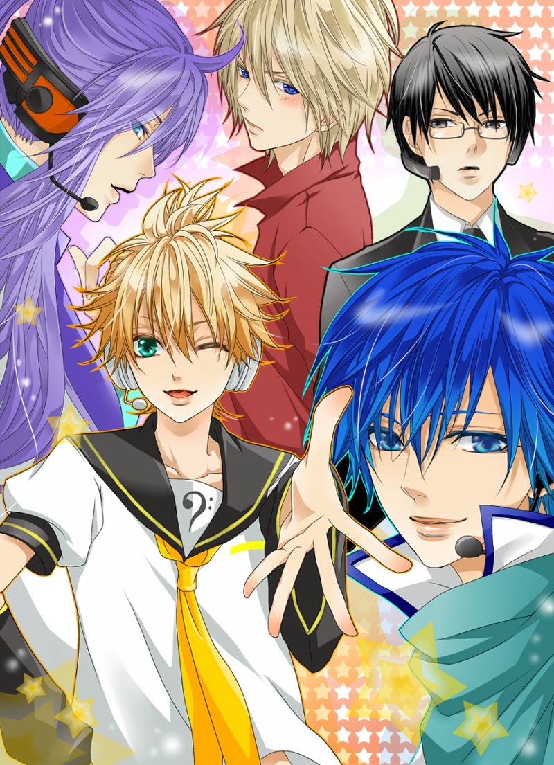 hakuseki, headphones, hiyama_kiyoteru, kagamine_len, kaito, kamui_gakupo, leon_(vocaloid), male, megane, vocaloid