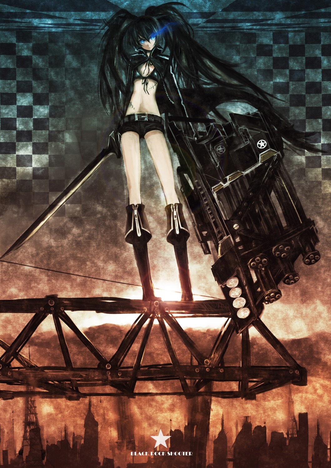 bikini_top, black_rock_shooter, black_rock_shooter_(character), gun, litlicha, swimsuits, sword, vocaloid