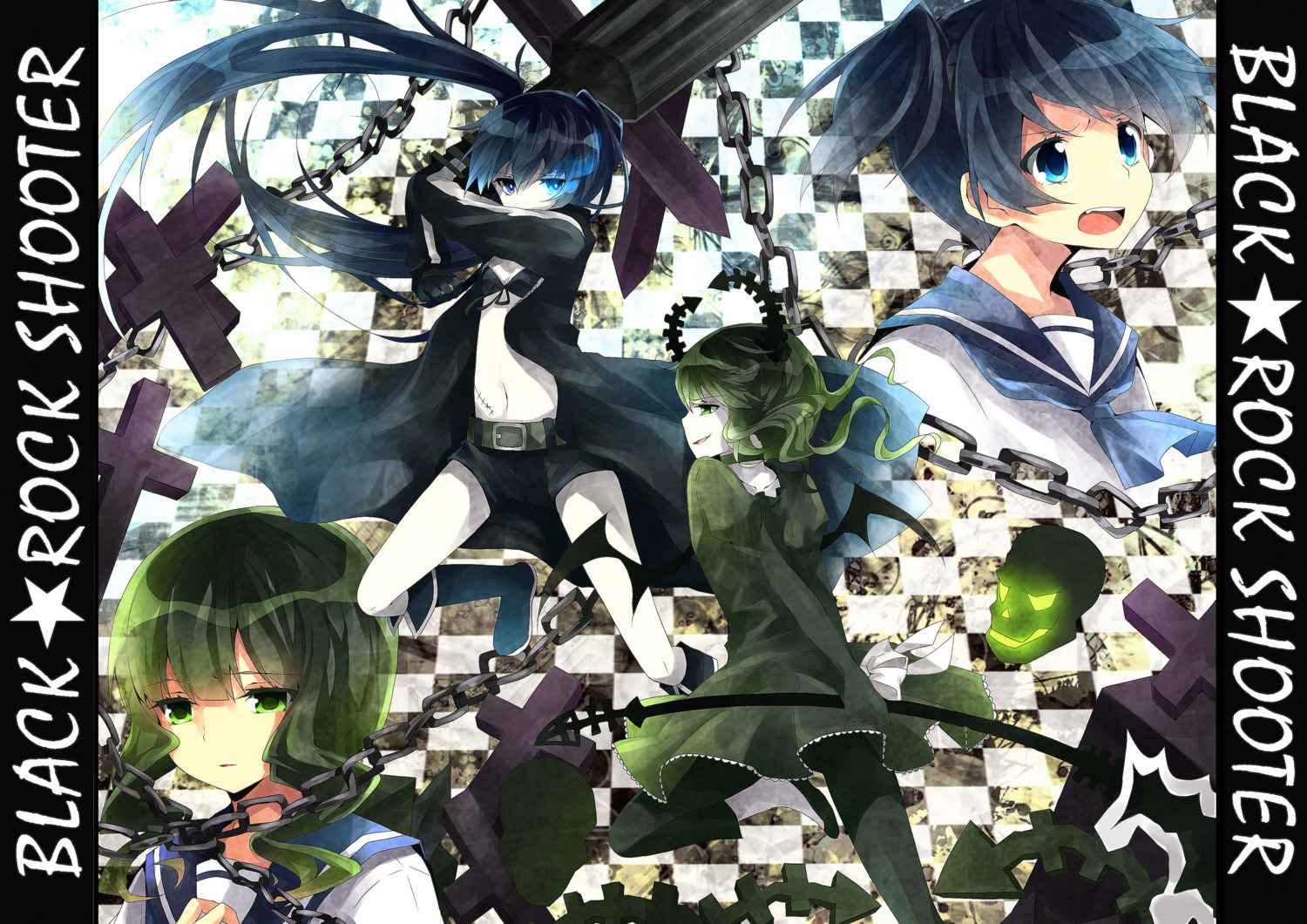 black_rock_shooter, black_rock_shooter_(character), chiruku, dead_master, kuroi_mato, seifuku, takanashi_yomi, vocaloid