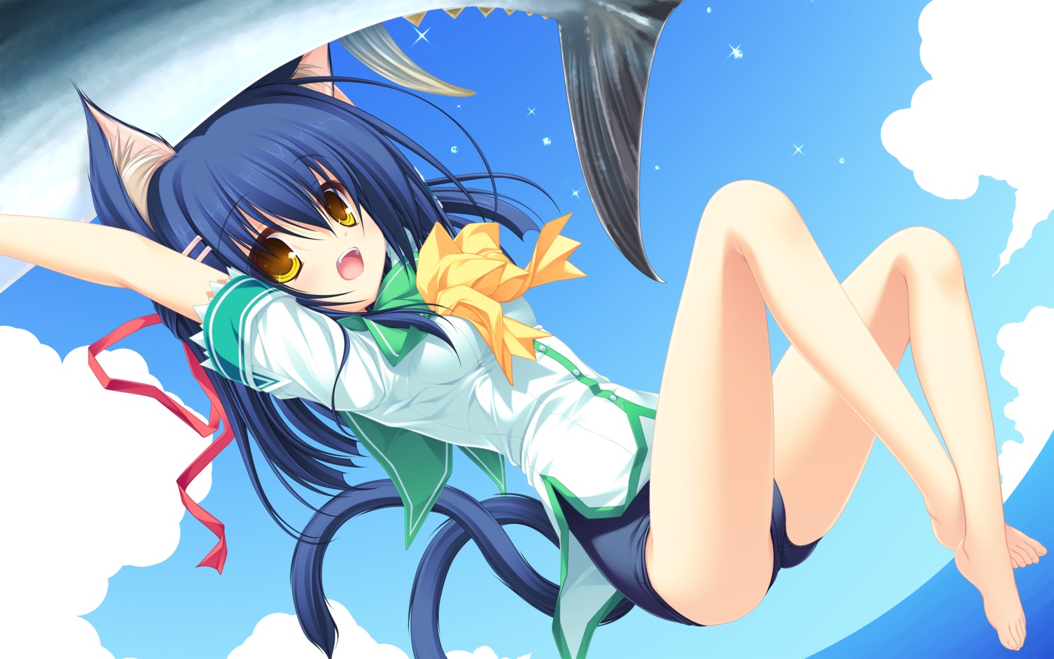 animal_ears, feet, kiryuu_sakuya, mikagami_mamizu, neko_koi, nekomimi, school_swimsuit, seifuku