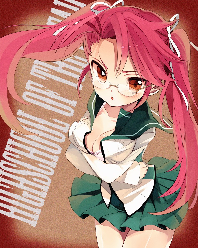 amazawa_koma, bra, breast_hold, cleavage, highschool_of_the_dead, megane, open_shirt, seifuku, takagi_saya