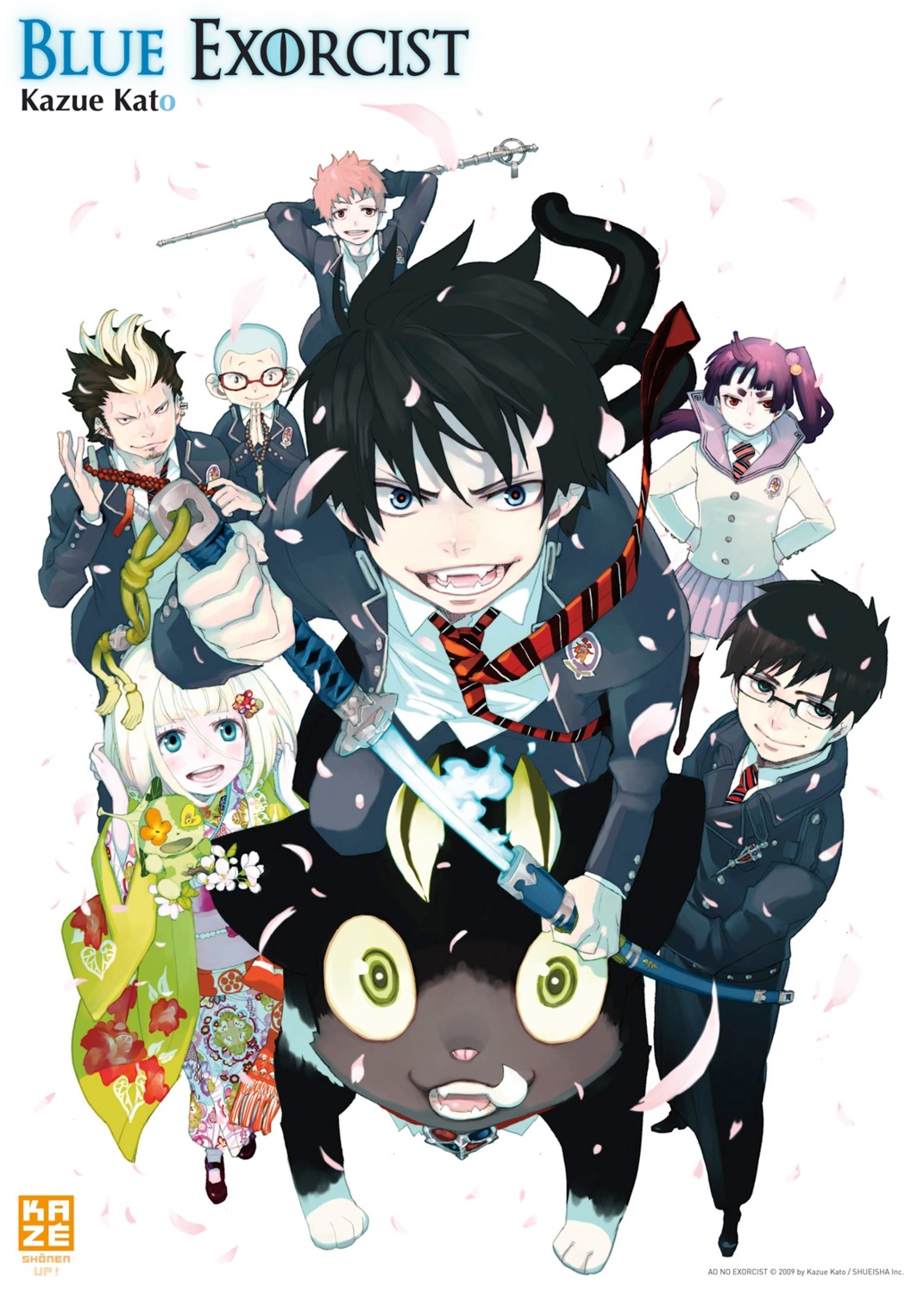 ao_no_exorcist, kamiki_izumo, katou_kazue, kuro_(ao_no_exorcist), miwa_konekomaru, moriyama_shiemi, neko, okumura_rin, okumura_yukio, seifuku, shima_renzou, suguro_ryuji