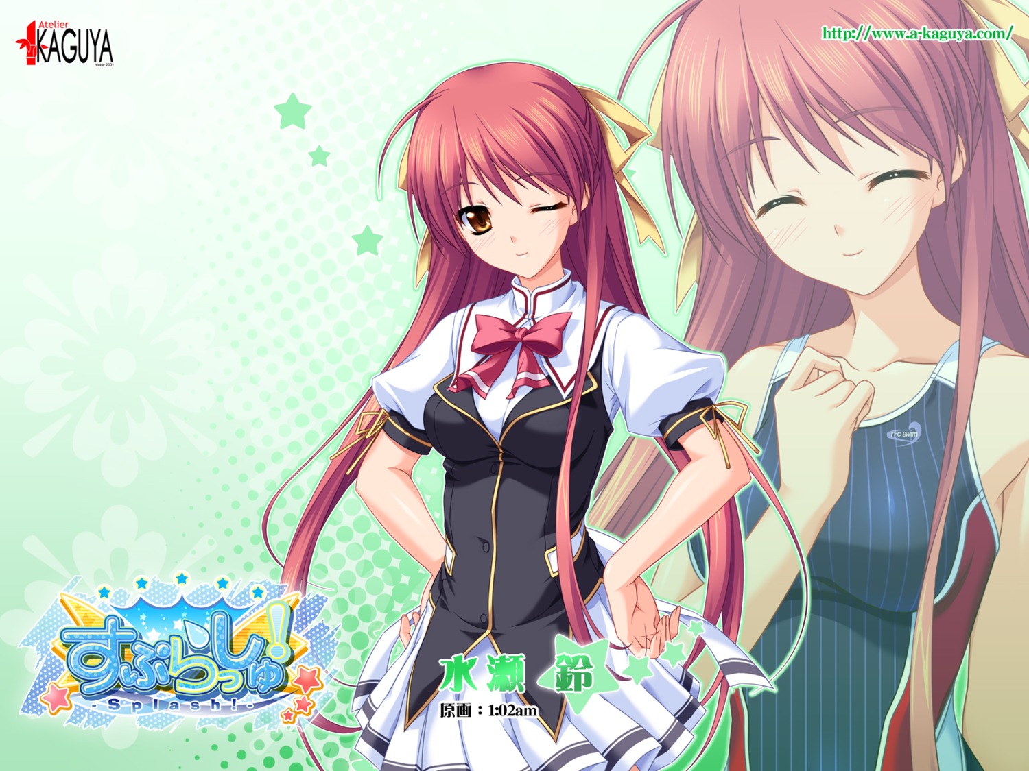 1:02am, atelier_kaguya, minase_rin_(splash!), seifuku, splash!, swimsuits, thighhighs, wallpaper