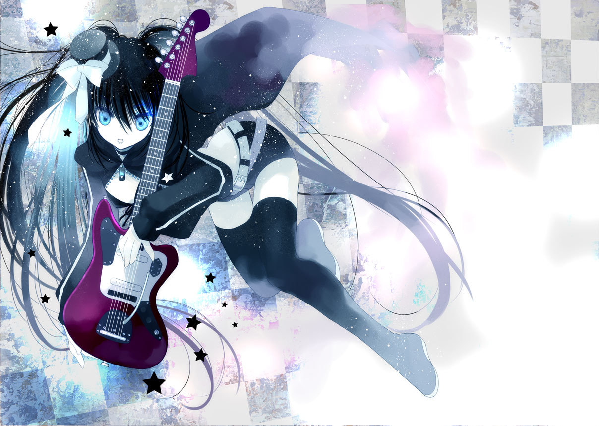 black_rock_shooter, black_rock_shooter_(character), guitar, rami, thighhighs, vocaloid