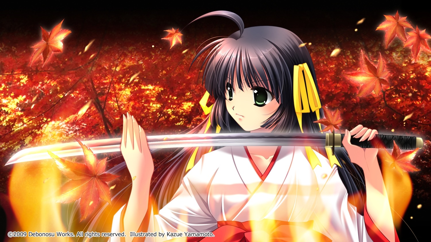 arashiyama_ibuki, kagura_douchuuki, miko, sword, wallpaper, yamamoto_kazue