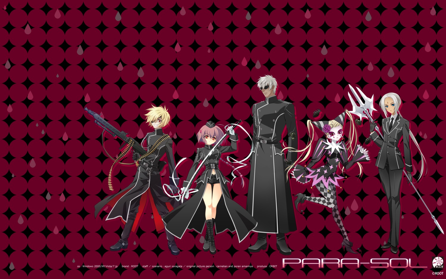 alyosha, carnelian, dress, eyepatch, fujita_nodoka, gun, megane, mischa, pantyhose, para-sol, root, ryooda, sasha_(para-sol), sword, uniform, wallpaper