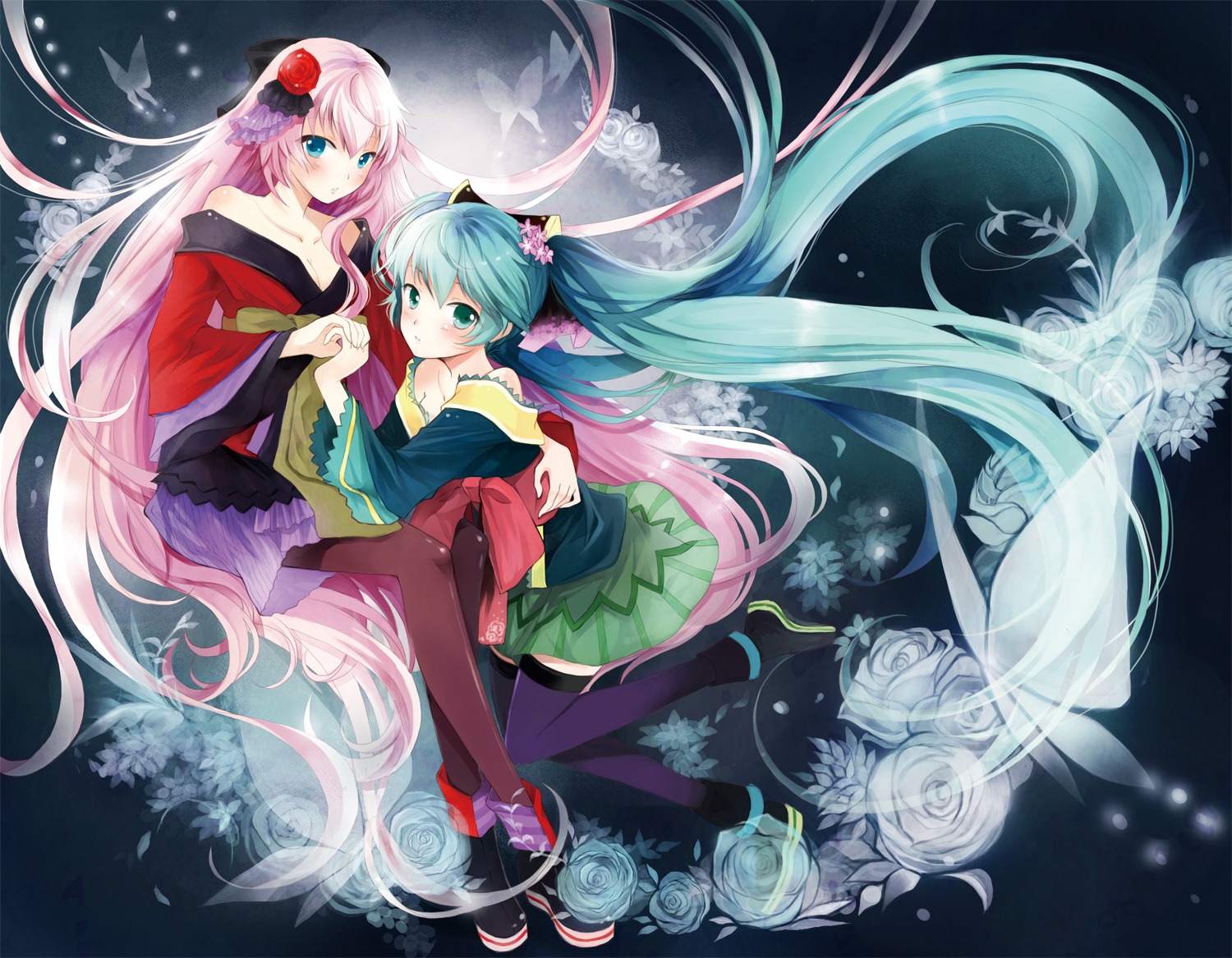 cleavage, hatsune_miku, kaedena_akino, megurine_luka, pantyhose, thighhighs, vocaloid