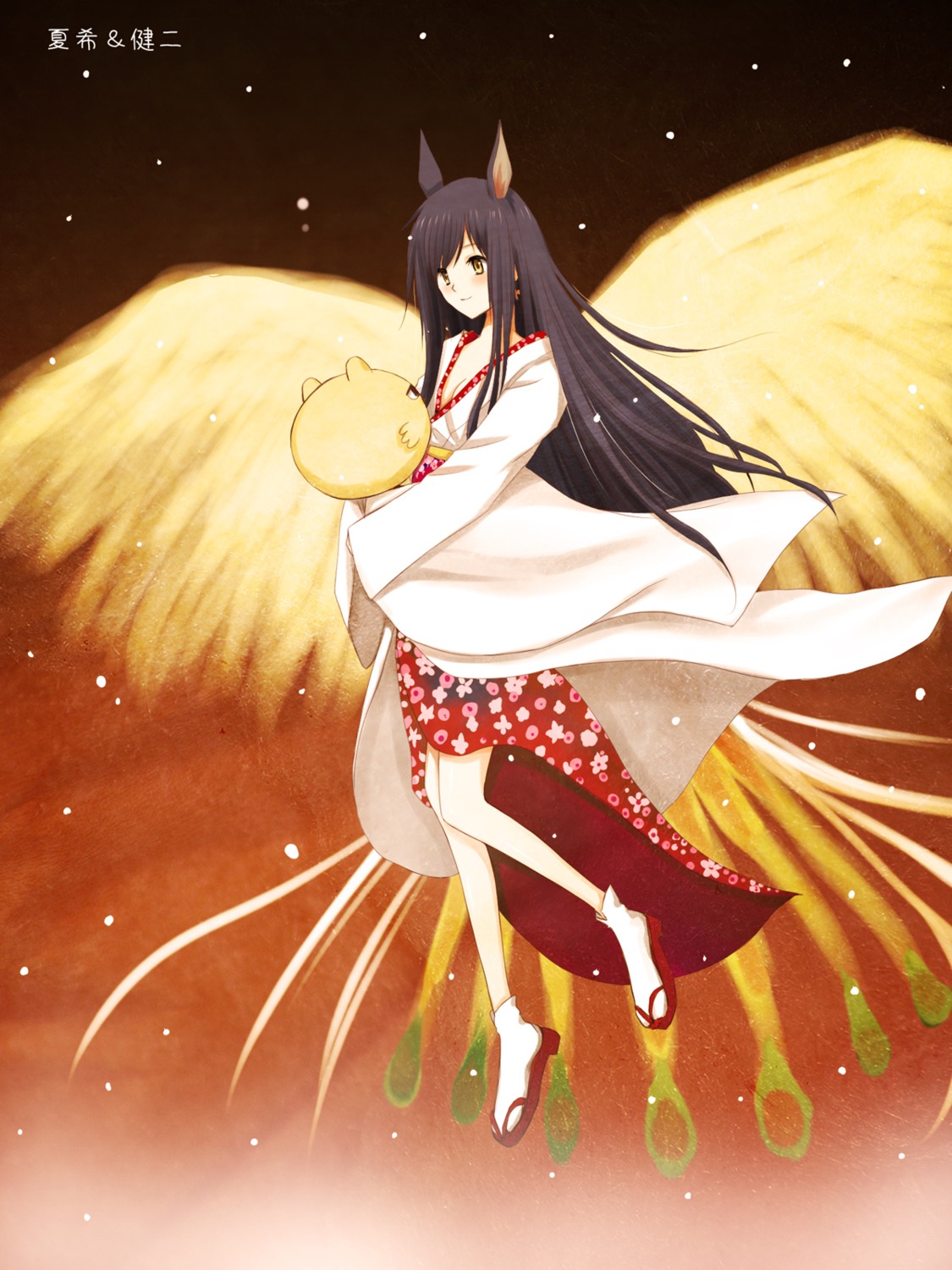 animal_ears, cleavage, kimono, niwatori_kokezou, open_shirt, shinohara_natsuki, summer_wars, wings