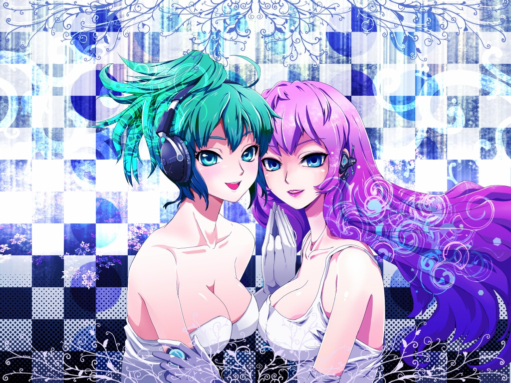 cleavage, dress, hatsune_miku, haya-g, megurine_luka, vocaloid, wallpaper