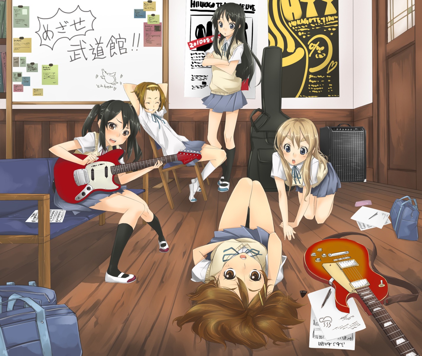 akiyama_mio, guitar, hirasawa_yui, k-on!, kotobuki_tsumugi, nakano_azusa, sasetsu, seifuku, tainaka_ritsu