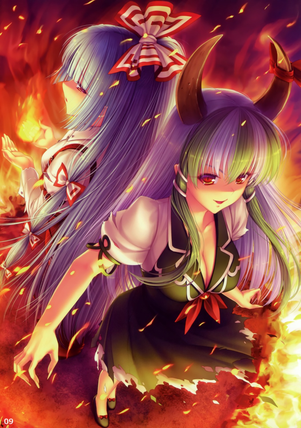 cleavage, ex_keine, fujiwara_no_mokou, horns, kamishirasawa_keine, neko_works, sayori, touhou