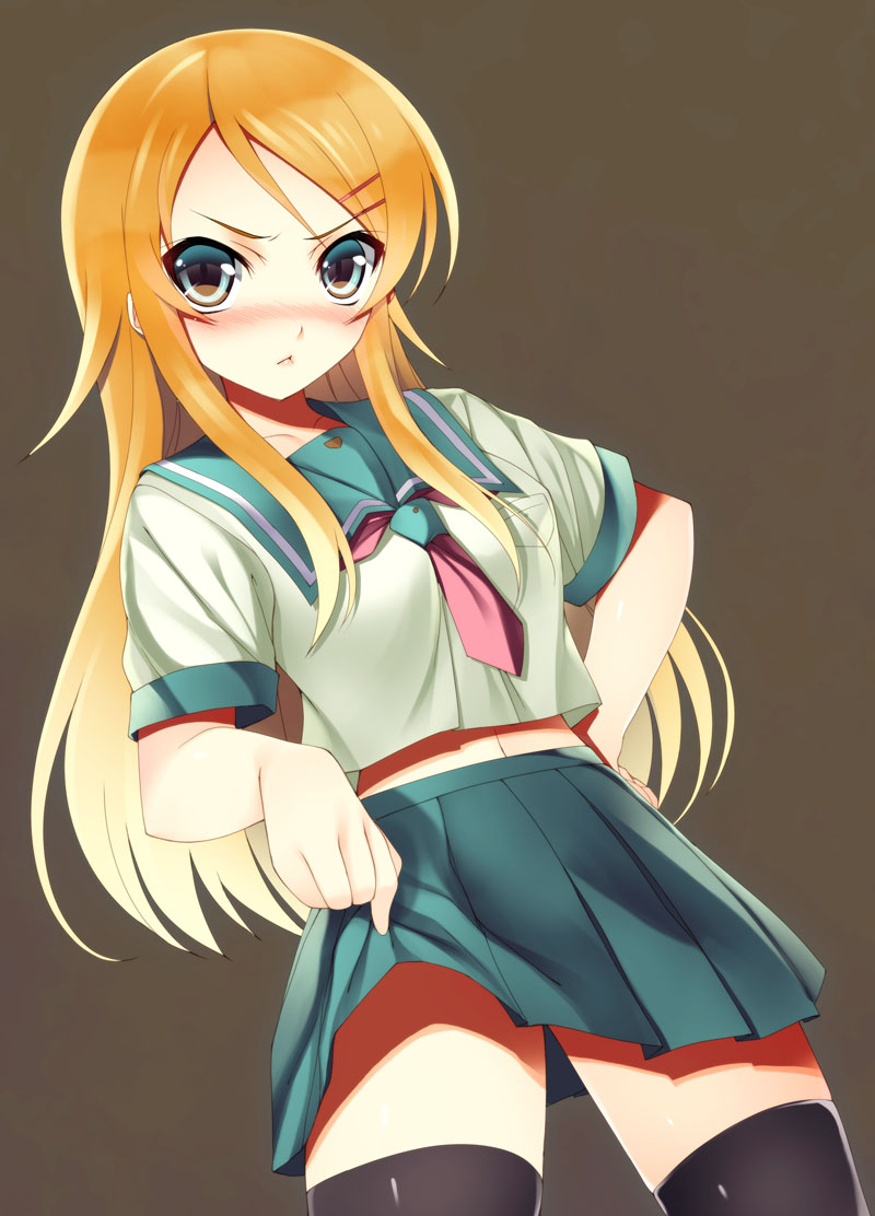 arano_takeshi, kousaka_kirino, ore_no_imouto_ga_konnani_kawaii_wake_ga_nai, seifuku, skirt_lift, thighhighs