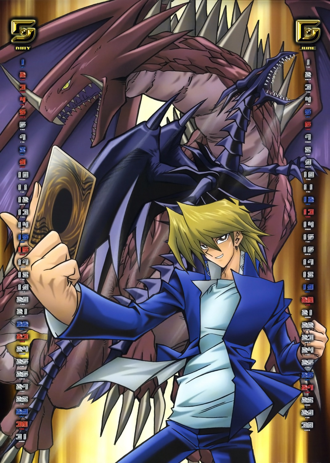 calendar, hermos, horns, jounouchi_katsuya, male, monster, red_eyes_black_dragon, tail, wings, yugioh