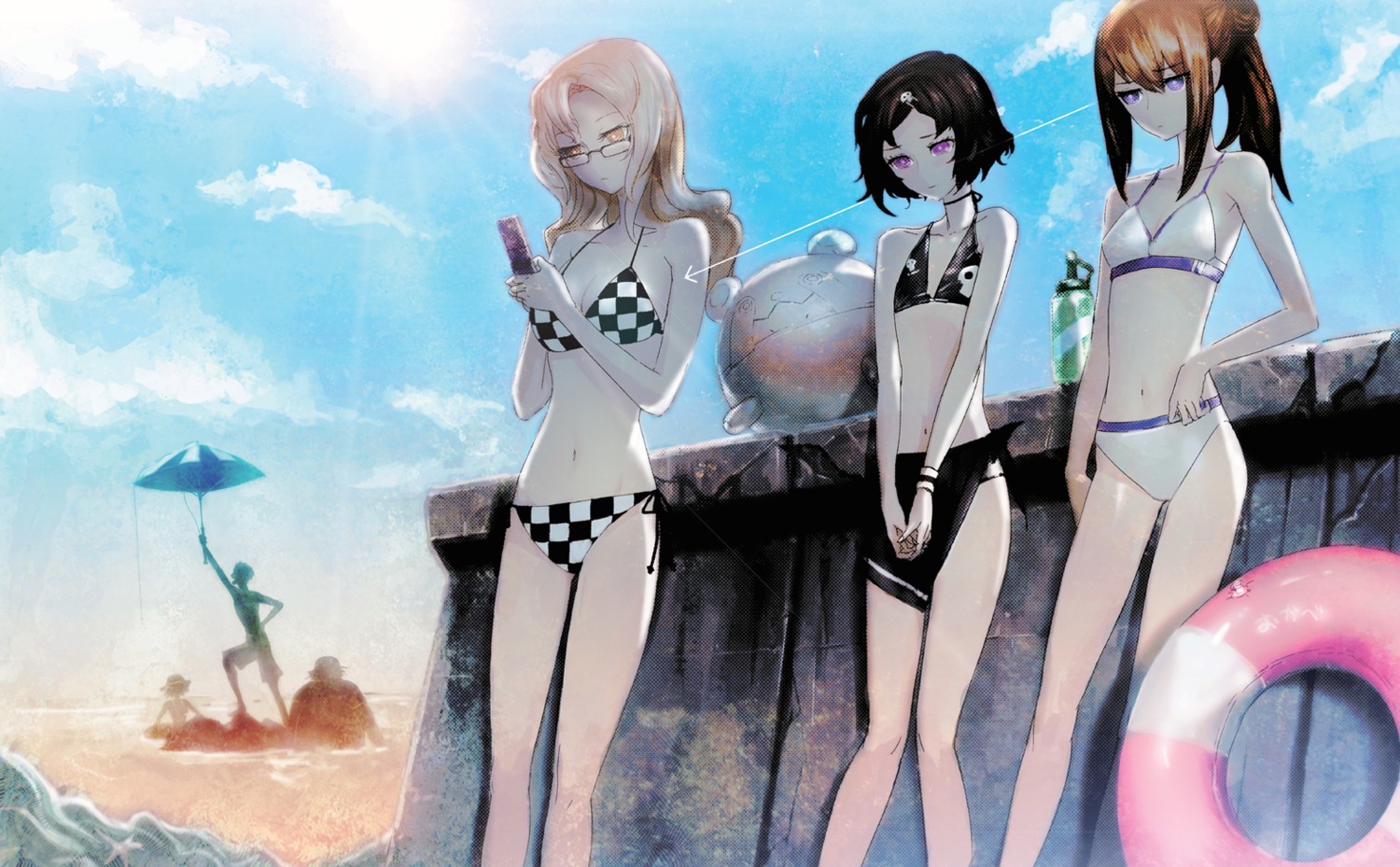bikini, cleavage, huke, kiryu_moeka, makise_kurisu, steins;gate, swimsuits, trap