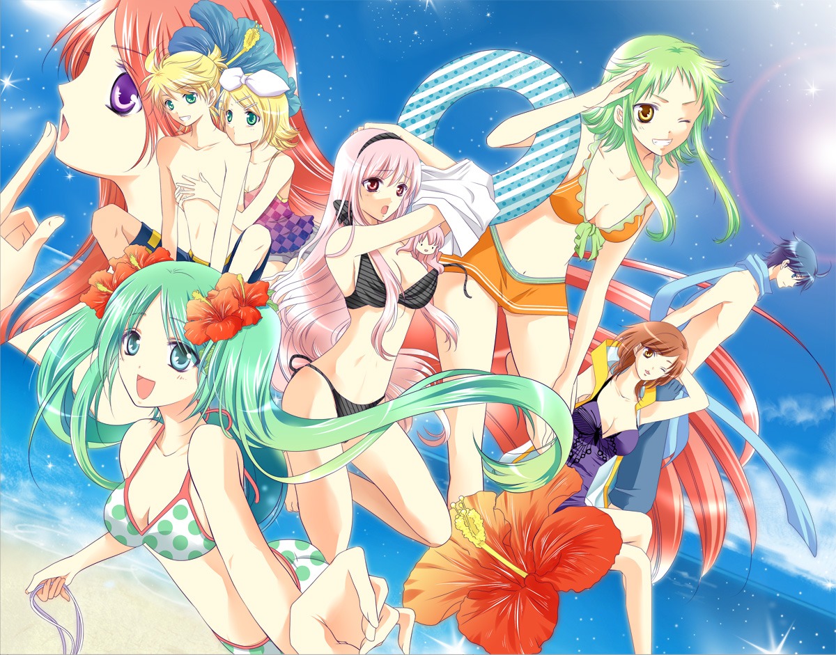 bikini, cleavage, gumi, hatsune_miku, kagamine_len, kagamine_rin, kaito, megurine_luka