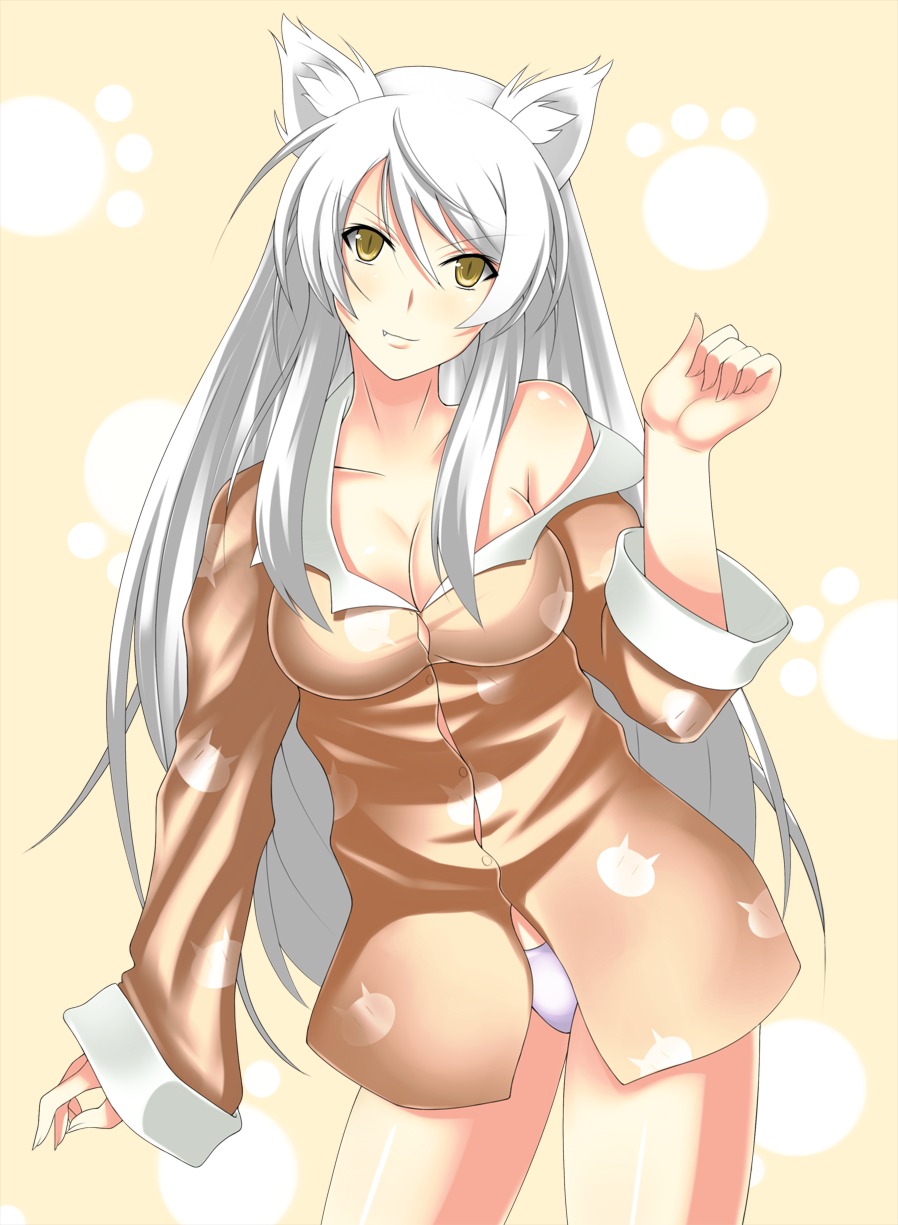 animal_ears, bakemonogatari, black_hanekawa, cleavage, hanekawa_tsubasa, hevn, monogatari_(series), nekomimi, pajama, pantsu