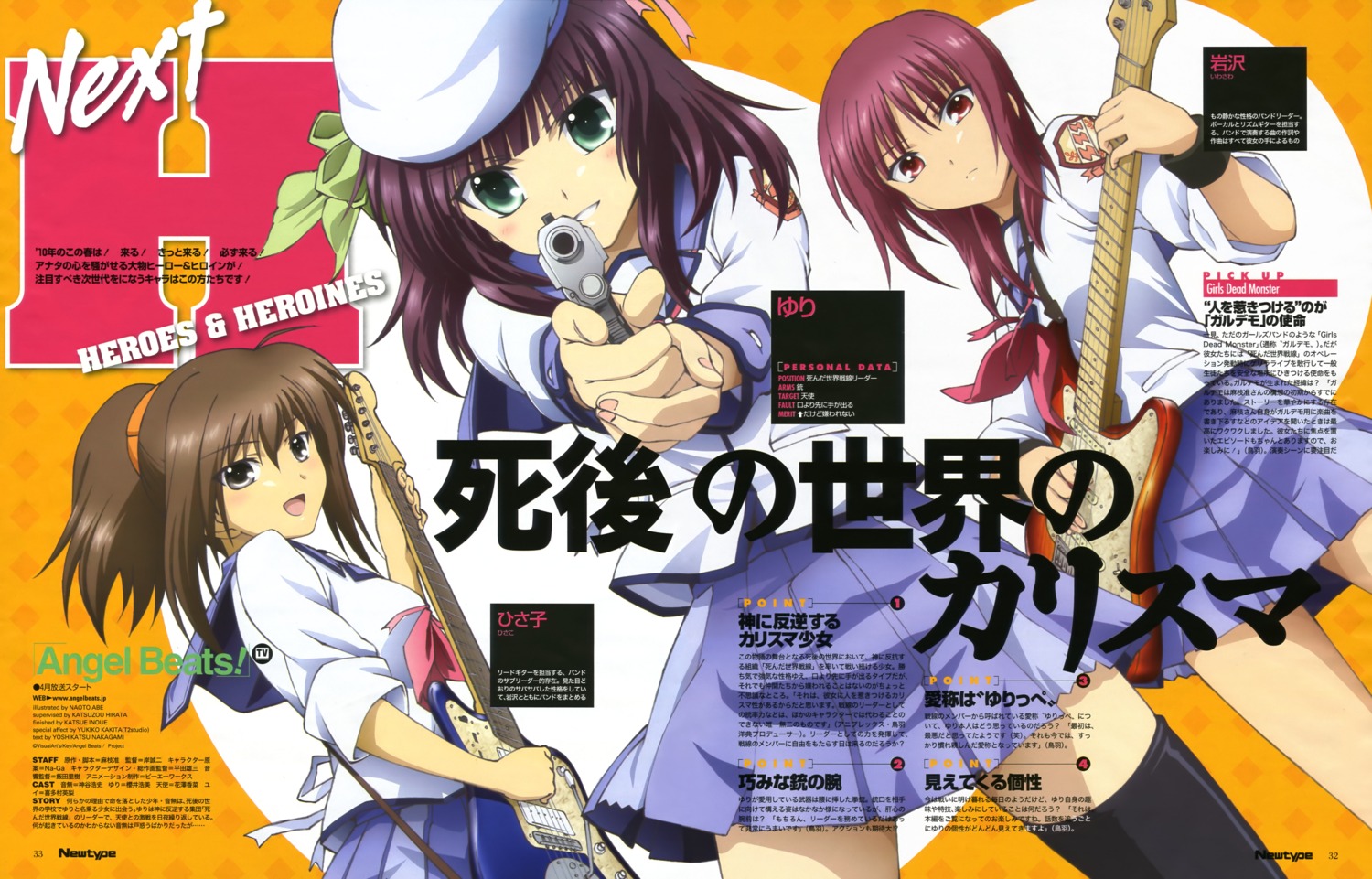 abe_naoto, angel_beats!, fuchita_hisako, guitar, gun, iwasawa_masami, nakamura_yuri, seifuku, thighhighs