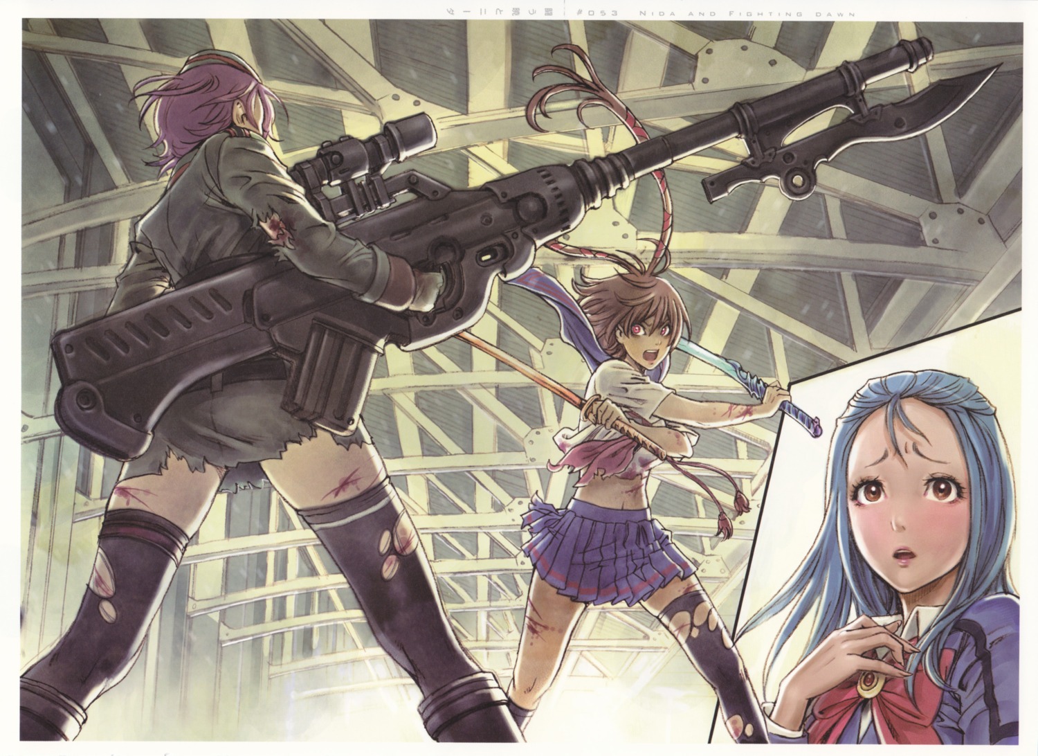 gun, kazusa_youko, mishiro_akatsuki, nida_schuetlich, seifuku, shuraki, torn_clothes, uniform