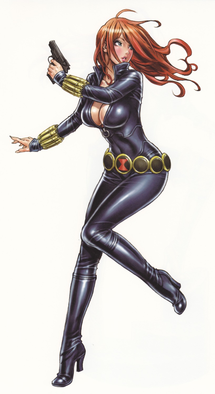 black_widow, bodysuit, cleavage, gun, marvel, yamashita_shunya
