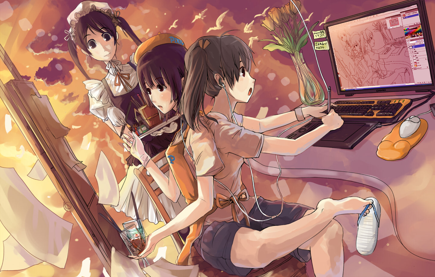 chanchan, headphones, maid, oekaki_musume