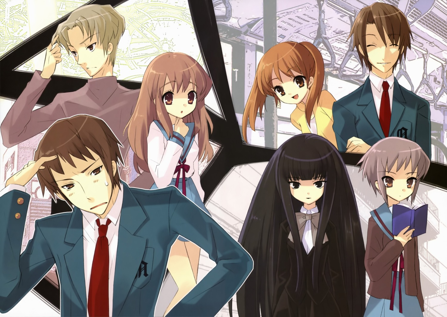 asahina_mikuru, fujiwara, ito_noizi, koizumi_itsuki, kyon, nagato_yuki, seifuku, suou_kuyou, suzumiya_haruhi_no_yuuutsu, tachibana_kyoko