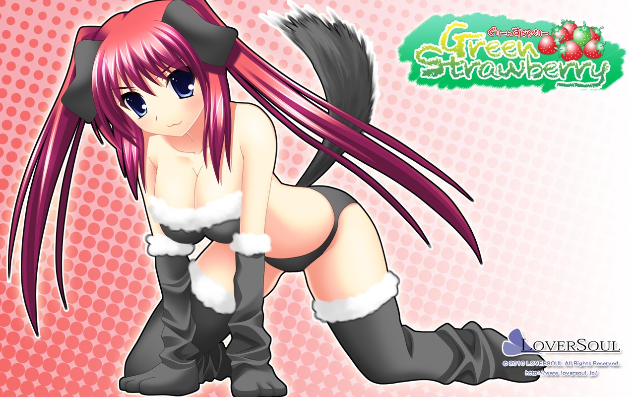 animal_ears, cleavage, detexted, green_strawberry, inumimi, loversoul, tagme, tail, wallpaper